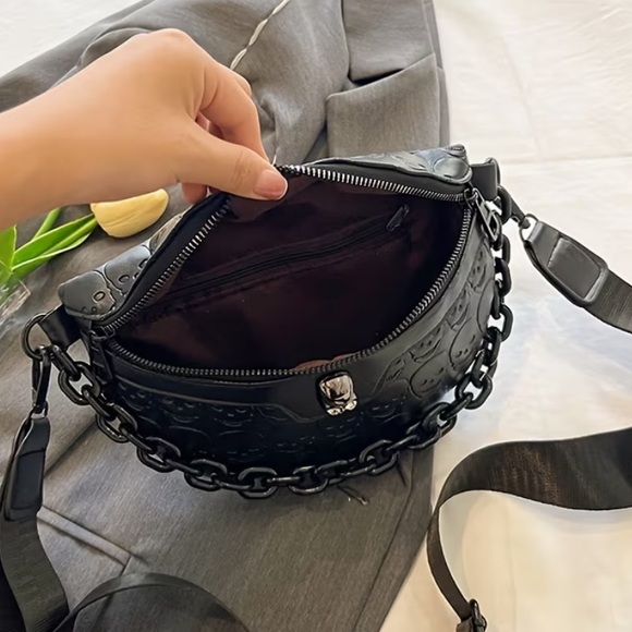 Women’s Black Skeleton Embossed Faux Leather Crossbody Bag with Chain NWT - Picture 3 of 5